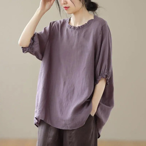 Women's Loose Linen T-Shirt Purple Ruffled Collar Everyday Wear - Product Image 4