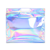 Sac holographique en plastique pvc de luxe, sac transparent hologramme arc-en-ciel pour maquillage cosmétique bijoux cadeau fleur emballage sac avec poignée