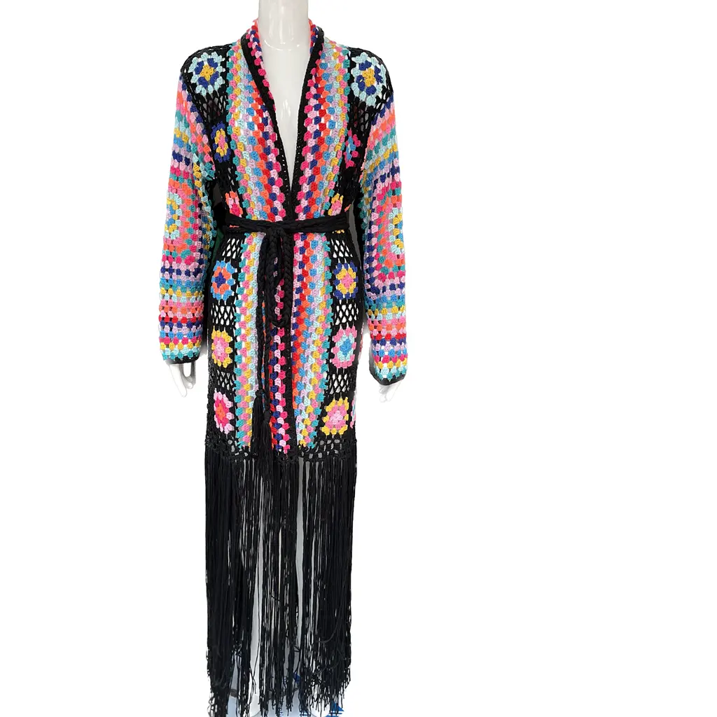 2024 Women Handmade Summer Clothing Black Multi Colorful Cover Up Handmade Crochet Boho Long Fringe Kimono Cardigan Sweater