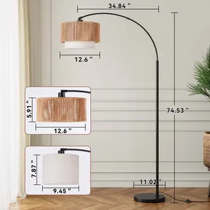 Black Arch Floor Lamp Plug in Rattan Floor Lamp Modern <b>Standing</b> Floor Lamp with Round Stable Base for Bedroom - Product Image 5