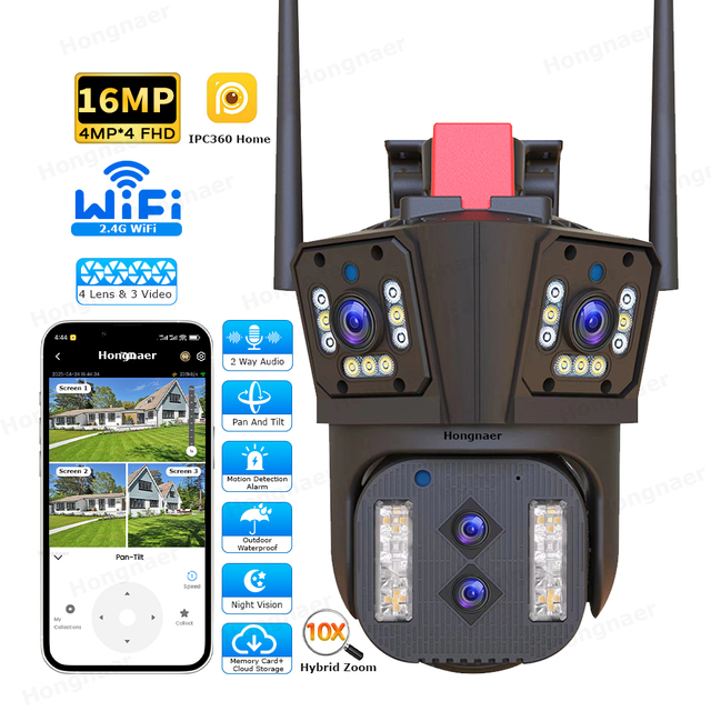 Hongnaer 16MP 8K 360 Outdoor Wireless Network IP PTZ Camera IPC360 Home 4 Lens 10X Zoom WiFi Security CCTV Surveillance Camera