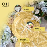 Assiette de présentation en céramique jaune colorée motif chou, assiette de dîner de luxe pour mariage, service de table en porcelaine fine à motif floral en relief pour événements et location