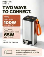 Batterie externe haute capacité 20000mAh avec charge rapide PD 100W, câble USB-C rétractable intégré, double USB, chargeur portable pour ordinateur portable