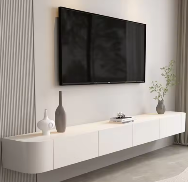 Modern Minimalist Sintered Stone Solid Wood Floating TV Stand Luxury Wall Mounted TV Cabinet