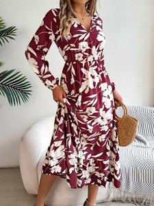Automne <span class=keywords><strong>hiver</strong></span> loisirs fleurs taille contrôlée manches longues robe à volants vêtements pour femmes - Product Image 2