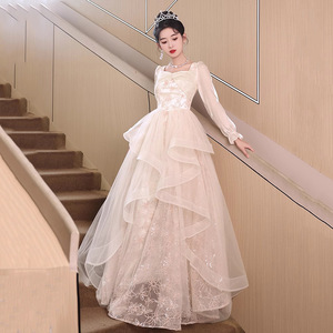 French Style Evening Gown Women Champagne Long Sleeve Square Neck Empire Waist 3D Floral Vintage Princess Dress Coming Of Age - Product Image 3