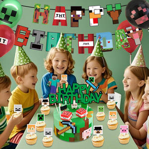 Nouvel ensemble de décorations de fête d'<span class=keywords><strong>anniversaire</strong></span> sur le thème de <span class=keywords><strong>Minecraft</strong></span> en papier écologique : bannière, guirlandes, décorations spirales suspendues, jetables - Product Image 2