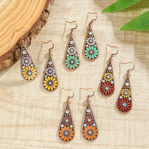 Boucles d'oreilles pendantes bohèmes en alliage, motif floral, plaqué bronze antique, bijoux de fête pour femmes - Product Image 3