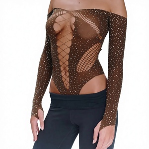 WN003 <span class=keywords><strong>Lingerie</strong></span> sexy pour femme, ODM transfrontalier, bodystocking en maille à manches longues, en spandex brillant, brodé de pierres - Product Image 1