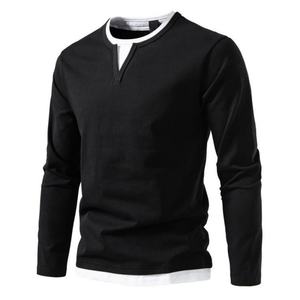Camiseta de Manga Larga Personalizada para Hombre, Estilo Casual, Tejido de Punto, Cuello en V, Diseño de Bloques de Color Sólido, Teñido Liso - Product Image 2