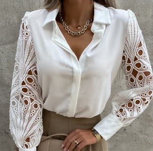 Camisa de Encaje Empalmado para <span class=keywords><strong>Mujer</strong></span> Tallas S-3XL, Novedad de Primavera/Verano, Gran Venta, Blusa Blanca Elegante con Solapa para Oficina y Desplazamientos - Product Image 1