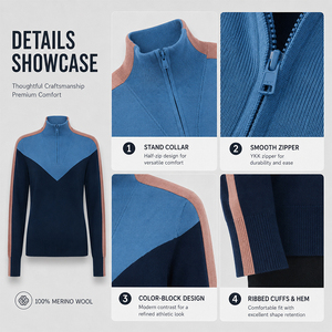 Pull en laine pour femme à manches longues et demi-zip, personnalisable avec logo, haut de gamme, chaud, doux, respirant, décontracté, pour sports de plein air, tricoté - Product Image 3