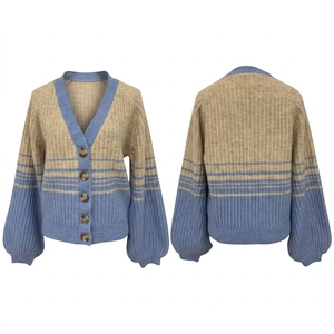 Cardigan da donna in maglia a blocchi di colore a righe con scollo a V, maniche raglan, bottoni, morbido e casual, ideale per l'inverno - Product Image 2