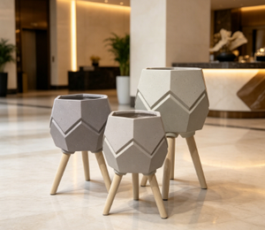 Geometric <b>Cement</b> Flower Stand with Wood Legs Modern Minimalist Planter for Indoor Use - Product Image 4