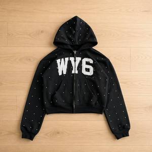 Sweat à capuche zippé pour homme, coupe ample, en coton molletonné, style streetwear Y2K grunge, avec appliqué strass, vente en gros personnalisée - Product Image 1