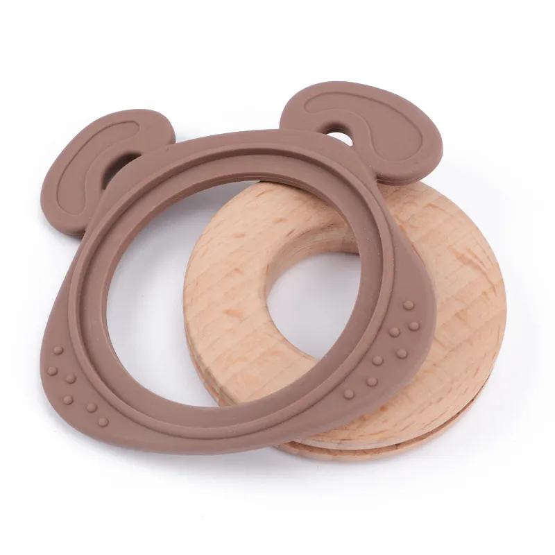 High Quality Safe Food Grade Silicone Baby Teether Wooden Funny Dog Shape Teething Chew Toy