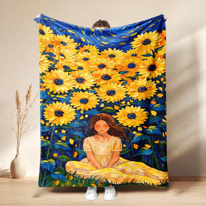 Couverture en flanelle motif tournesols et nuit étoilée, couverture de sieste, lavable en machine, résistante à la décoloration, pour la chaleur hivernale, impression personnalisée - Product Image 1