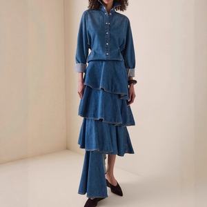 ชุดเดนิมใหม่ สไตล์ลำลอง เสื้อเชิ้ตเดนิมติดกระดุม คอปก กระโปรงทรงเอเอวสูง ผ้าเดนิมฟอกสีสไตล์วินเทจ - Product Image 1