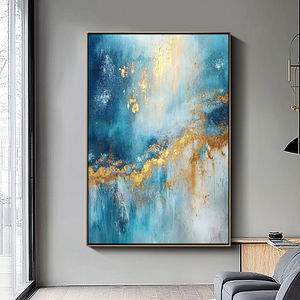 Grande Dipinto su Tela Blu e Oro, Pittura Murale Creativa in Acrilico, Arte Astratta Moderna di Lusso con Texture - Product Image 4