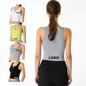 Mới Đến Phụ Nữ Yoga Vest Thể Thao Crop Tops Slim Top Với Ngực Pad V Cổ Pit Sọc Để Mặc Tập Thể Dục Chạy Liền Mạch