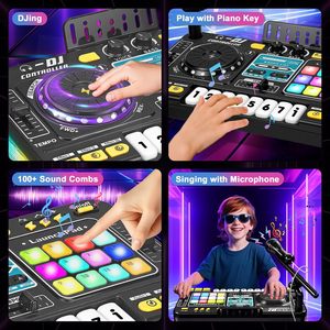 Table de mixage DJ électronique pour enfants, jouet de simulation avec microphone, contrôle de la vitesse de la lumière et mode de jeu musical - Product Image 3