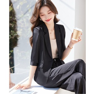 Women's Mid Sleeve Suit Set Summer Thin Style Formal Workwear Breathable Satin Blazer Pants Two Piece Set - Product Image 1