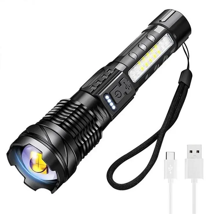 High Power Zaklamp 2000 Lumen Led Zoom Focus Power Display Handheld Zaklamp Type C Oplaadbare Flitslicht Voor Kamperen