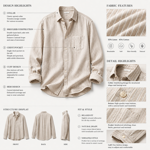 Camicie da <span class=keywords><strong>uomo</strong></span> a maniche lunghe in <span class=keywords><strong>lino</strong></span> e cotone a righe, vestibilità rilassata, per vacanze al mare, con bottoni, casual, a marchio privato - Product Image 4