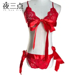 2023 2 pezzi hot fashion erotic red bow sexy lace Lingerie erotica donna Hot Sexy Lingerie intimo per le donne