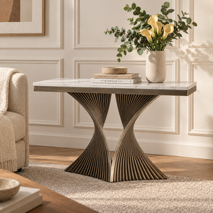 Modern <b>Marble</b> <b>Top</b> <b>Console</b> <b>Table</b> with Twisted Metal Pedestal Base for Living Room Luxurious Home Furniture - Product Image 1