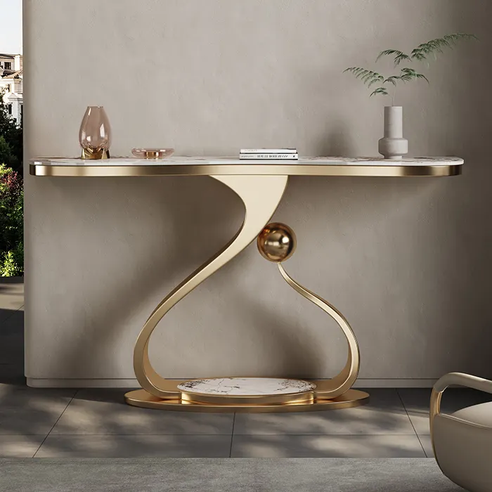 2024 nuova vendita calda moderna soggiorno di lusso mobili art elegante foyer consolle in acciaio inox oro tavolo consolle