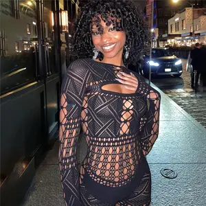 2023 Black Mesh Hollow Out Romper Night Club For Women Summer Sexy Long Sleeve See Through Jumpsuit