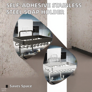 Étagère de salle de bain moderne en acier inoxydable, support mural auto-adhésif d'angle avec crochets - Product Image 2