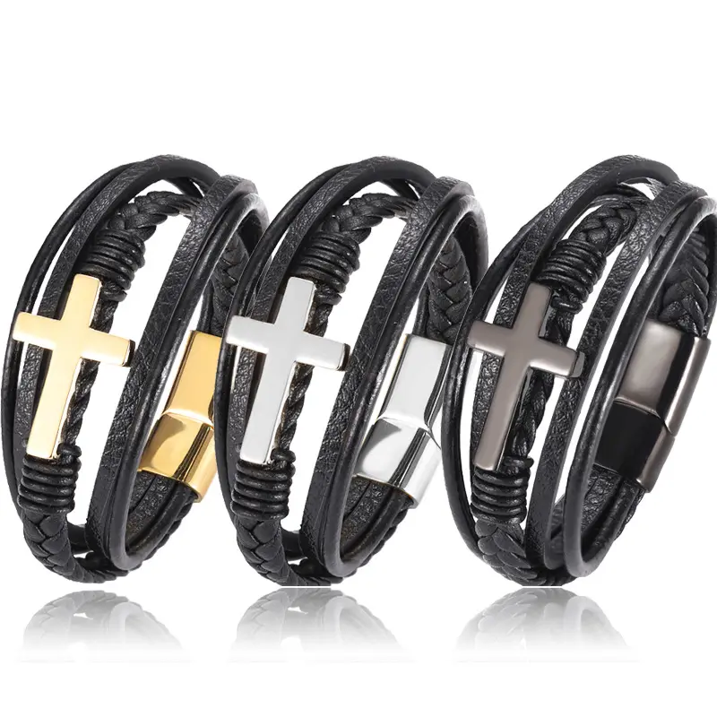 hot selling wholesale jewelry stainless steel golden cross men's multi-layer woven black bracelet