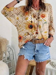 <span class=keywords><strong>Pull</strong></span> long en maille pour <span class=keywords><strong>femme</strong></span>, imprimé tournesol vintage, hiver 2026, col en V, coupe oversize, maille pointelle, 100 % polyester, motif floral numérique - Product Image 1