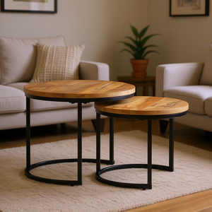 Natural Wood <b>Nesting</b> Coffee <b>Tables</b> Set Of 2 Brown <b>Round</b> Top Metal Legs Modern Rustic Living Room Furniture - Product Image 2