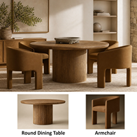 Ensemble de salle à manger rond en chêne massif de style Wabi-Sabi vintage avec base cylindrique et chaises en forme de baril pour hôtels de charme et résidences privées