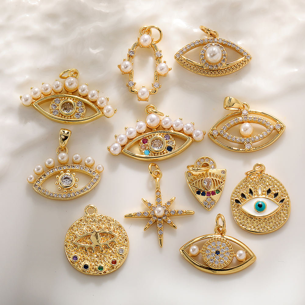 Spot Devil's Eye Necklace Pendant Accessories Blue Eyes Copper Zircon Pearl Octagonal Star Mount DIY Jewelry Bead Caps Oro