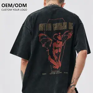 Venta al por mayor hombre High Street Vintage camiseta de peso pesado de algodón de gran tamaño personalizado hombres lavado Vintage camiseta