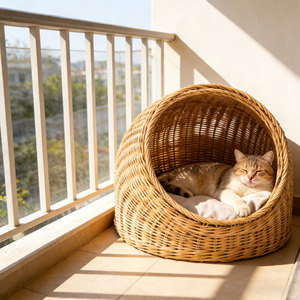 Lit pour chat en osier, maisonnette pour animaux de compagnie en rotin, nid douillet pour chat, panier de couchage avec coussin, mobilier moderne de luxe pour animaux de compagnie - Product Image 3