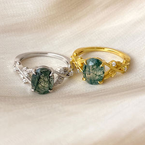 Anillos de Piedras Preciosas Recién Llegados, Latón Chapado en Oro de 18K, Piedra Natural, Ágata Verde Musgo, Juego de Dos Anillos de Dedo para Mujer, para Boda - Product Image 3