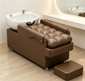 Fauteuil de lavage de cheveux rembourré marron avec repose-pieds, cadre métallique, banc de barbier commercial - Product Image 1