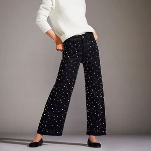 Pantalones Vaqueros de Mezclilla con Bordado de Logotipo Personalizado OEM, Corte Holgado, Estilo Urbano, Pierna Ancha, Acampanados, con Pedrería para Mujer - Product Image 4