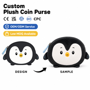 Porte-monnaie en peluche personnalisés en forme de pingouins, sacs de rangement pour clés brodés en maille pour le soulagement du stress, jolies pochettes en peluche - Product Image 1