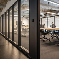 Cloison de bureau en verre à structure en acier, sur mesure, séparateur de pièce en métal noir avec porte en verre trempé