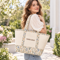 Sac fourre-tout en toile à motifs floraux, patchwork color block, bordure contrastée, grand sac à bandoulière, sac de travail, sac de voyage, sac de plage pour femmes