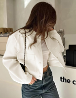Veste décontractée matelassée blanche pour femme avec boutons, double poche, motif lettre brodé, tissu tissé respirant pour la saison automne