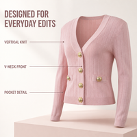 Kardigan Rajut Wanita Warna Pink, Kerah V, Lengan Panjang, Kancing Warna Emas, Tekstur Rib, Saku Tempel, Model Fitted, Pakaian Kasual untuk Layering