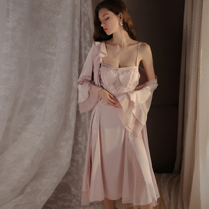 Nouvelle Robe de Nuit Longue en Soie et Dentelle, Couleur Unie, avec Coussinets Poitrine, Patchwork Transparent, Ensemble Robe de Nuit et Peignoir Sexy - Product Image 4