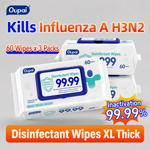 Lot de 60 lingettes désinfectantes H3N2 (99,99 %) pour virus de la grippe A, grandes et épaisses, sans alcool ni parfum, bactéricides, vente en gros - Product Image 1